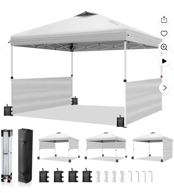 Ktaxon 10×10 Ez Pop Up Canopy Tent,Outdoor Sun Shade Shelter,Outdoor Gazebo,One Push Setup with 2 Half Sidewalls,1 Roller Bag,4 Sandbags,UPF50+ – White