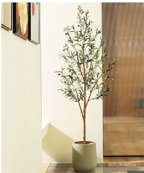 DR.Planzen 6 feet Artificial Olive Tree Indoor, Tall Faux Olive Tree in Black Plastic Pot, Artificial Plants with Natural Wood Trunk and Lifelike Fruits for Home Office Decor