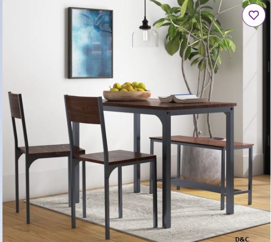 Pickell 4-Person Dining Table Set, 2 Chairs With Backrest,2-Person Bench With Storage Rack
