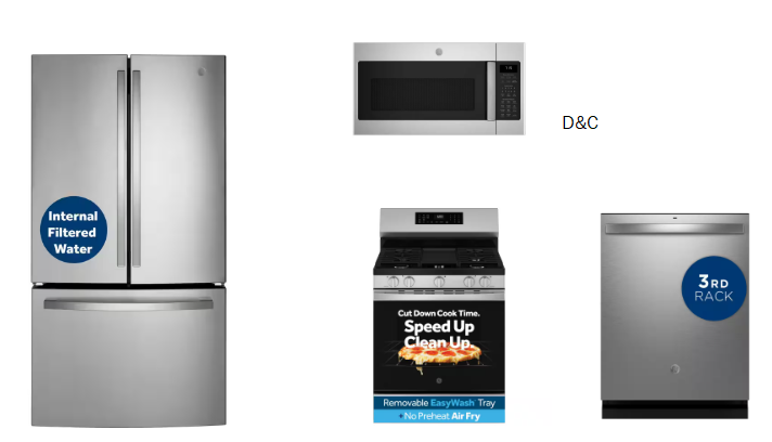 27 cu. ft. Standard Depth Refrigerator with 5 Burner Free-Standing Gas Range and Dishwasher with Dry Boost