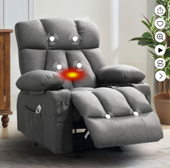 JONPONY Manual Recliner Chair with Heat Therapy and Massage Function, Heavy Duty Reclining Mechanism Massage Chair, Elderly Single Rocker Sofa with Cup Holders for Bedroom Home Theater,Grey