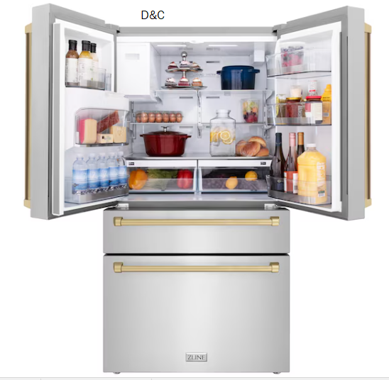 ZLINE KITCHEN & BATH Counter-Depth Autograph Edition 21.6-cu ft 4 -Door French Door Refrigerator with Ice Maker with Water Dispenser ( Fingerprint Resistant Stainless Steel with Champagne Bronze accent Handles ) ENERGY STAR Certified