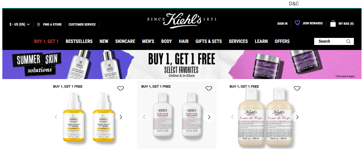 Kiehl’s has Buy 1 Get 1 for Free on select items.