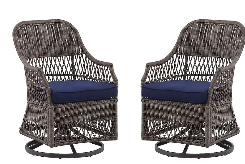 allen + roth Maitland Set of 2 Wicker Brown Steel Frame Swivel Dining Chair with Navy Cushioned Seat