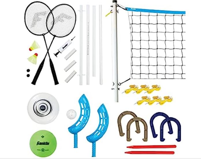 Franklin Sports Fun 5 Combo Outdoor Game Set – Backyard, Beach + Camping Games for Kids – Badminton, Volleyball, Flip Toss, Flying Disc – Horseshoes or Ring Toss
