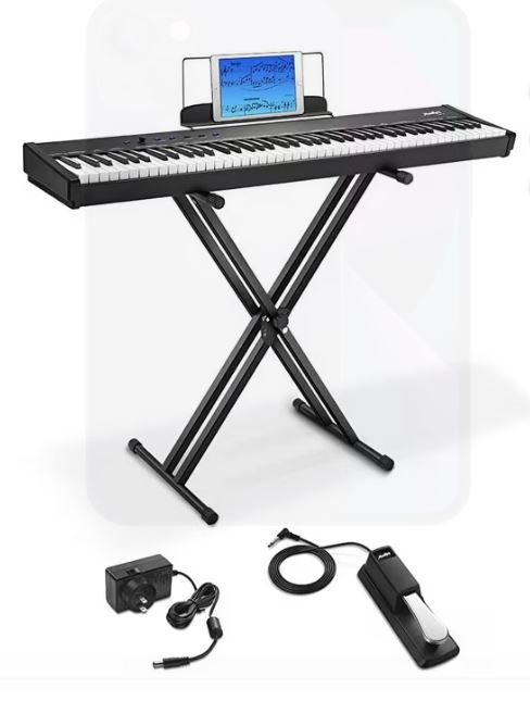 Moukey 88 Key Full-Size Weighted Electric Piano with 43 demo songs 83 rhythms 128 Premium Tones, Fabulous DREAM Chip, Includes Sustain Pedal, Stand, Power Supply, Excellent Gift for Piano Learner