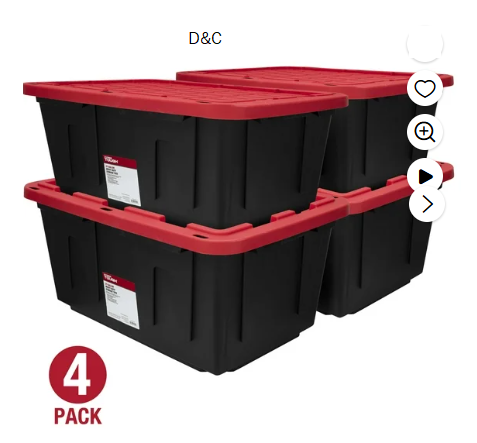 Hyper Tough Large Storage Bin, 27 Gallon Plastic Storage Container with Snap-On Lid, Black and Red, Pack of 4