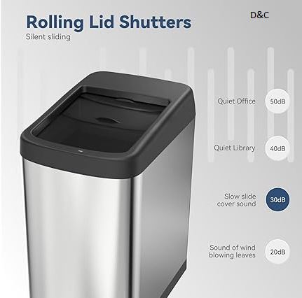 ELLO&ALLO 13 Gallon Kitchen Trash Can with Roll Up Lid, Automatic Touchless Motion Sensor Rectangular Trash Can with Wheels, Brushed Stainless Steel Finish