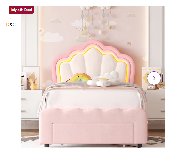 Avalie Upholstered LED Bed with Drawer & Adjustable Headboard, Kids Beds