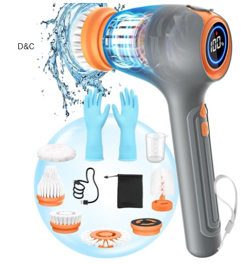 Meteralla Electric Spin Scrubber with 5 Rechangeable Brush Heads, LED Display
