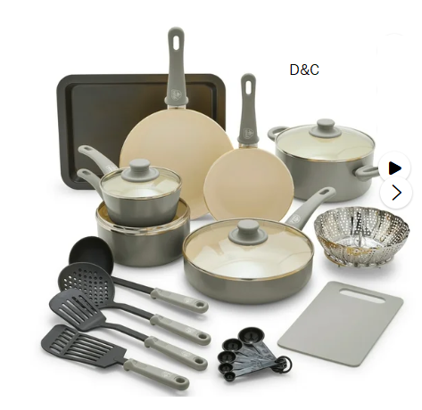 GreenLife 18-Piece Soft Grip Toxin-Free Healthy Ceramic Non-Stick Cookware Set, Gray, Dishwasher Safe