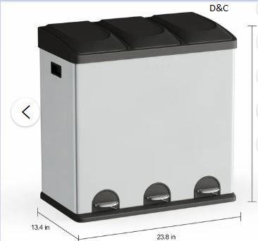 Step N’ Sort 3-Compartment Stainless Steel Kitchen Trash and Recycling Bin, 16 gal