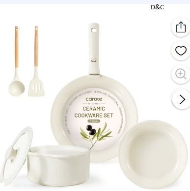 Carote Ceramic Cookware Set, Non Toxic Detachable Pots and Pans, 8 Pcs Induction Cookware, Cream
