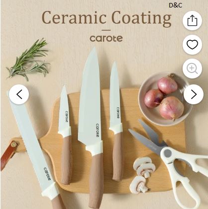 Carote 6Pcs Knife Set with Universal Block, Ceramic Coating, Stainless Steel Blade, Khaki