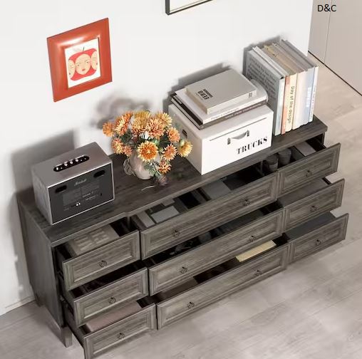 Gray 9 Drawer 63.4 in. W Dresser without Mirror, Storage Sideboard with Minimalist Ring Pulls, Chest of Drawers