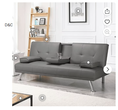 Renwick LuxuryGoods Modern Faux Leather Futon with Cupholders and Pillows, Gray