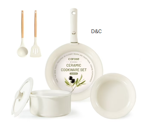 Carote Ceramic Cookware Set, Non Toxic Detachable Pots and Pans, 8 Pcs Induction Cookware, Cream