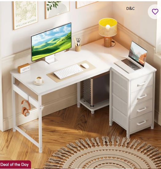 Writing Desk With 4 Large Storage Drawers, L-Shaped Desk With Cpu Stand,Computer Desk With Versatile Hook