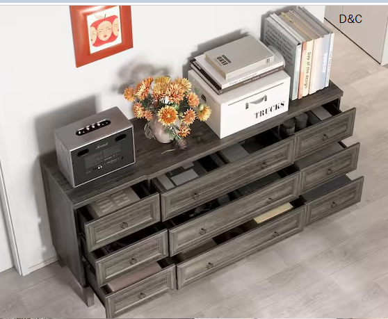 Gray 9 Drawer 63.4 in. W Dresser without Mirror, Storage Sideboard with Minimalist Ring Pulls, Chest of Drawers