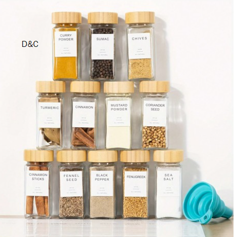 12 Pack Glass Spice Jars with Bamboo Lids, 4 oz Glass Jars with Minimalist Farmhouse Spice Labels Stickers, Collapsible Funnel