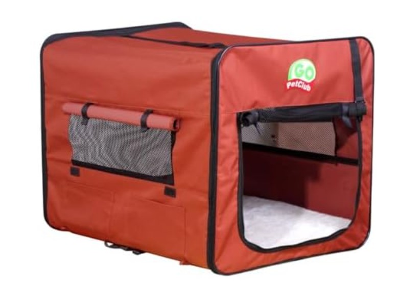 Go Pet Club 32″ Soft Collapsible Dog Crate, Portable Pet Carrier, Thick Padded Pet Travel Crate for Indoor & Outdoor, Foldable Kennel Cage with Durable Mesh Windows, Brown