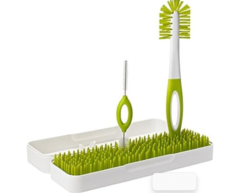 Boon Trip Silicone Travel Bottle Drying Rack – Portable Baby Bottle Drying Rack and Baby Bottle Brush Set – Travel Bottle Cleaner Kit – Baby Travel Essential – Green and White