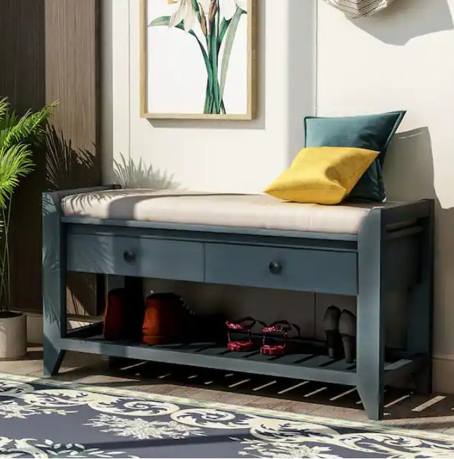 Entryway Blue Storage Bench with Cushioned Seat, Drawers and Shoe Rack 19.8 in. H x 39 in. W x 14 in. D