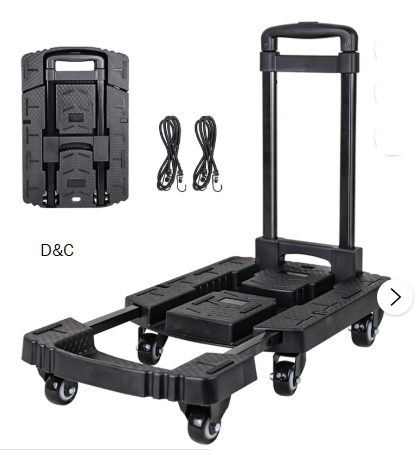 FOUKUS Folding Hand Truck: Versatile 880 LB Luggage Cart with Foldable Design,Utility Dolly Platform Cart with 6 Wheels & 2 Elastic Ropes for Luggage, Travel, Moving, Shopping, Office Use-Black