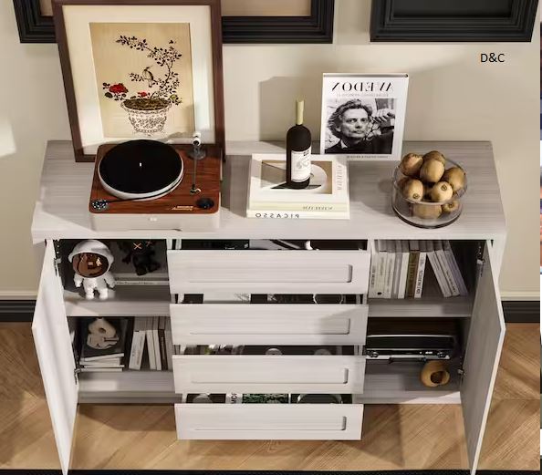 Beige Wood Grain 55.1 in. W Sideboard, Storage Cabinet with 4 Drawers, 4 Shelves and 2 Doors