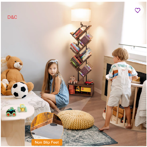 Built-in Adjustable Lamp With Tree Bookshelf, Floor Lamp With Spacious Storage Space, Utility Book Organizer Shelves With Stable Structure