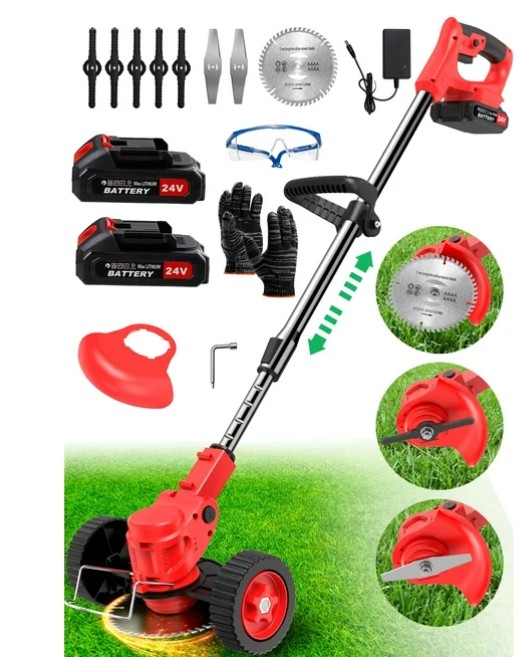 TNTANTS Electric Weed Wacker, Cordless String Trimmer with Wheels, 2Pcs 24V Batteries, 3 Types of Blades, Adjustable Length, Weed Eater Grass Trimmer/Edger/Brush Cutter for Lawn Yard Garden (Red)