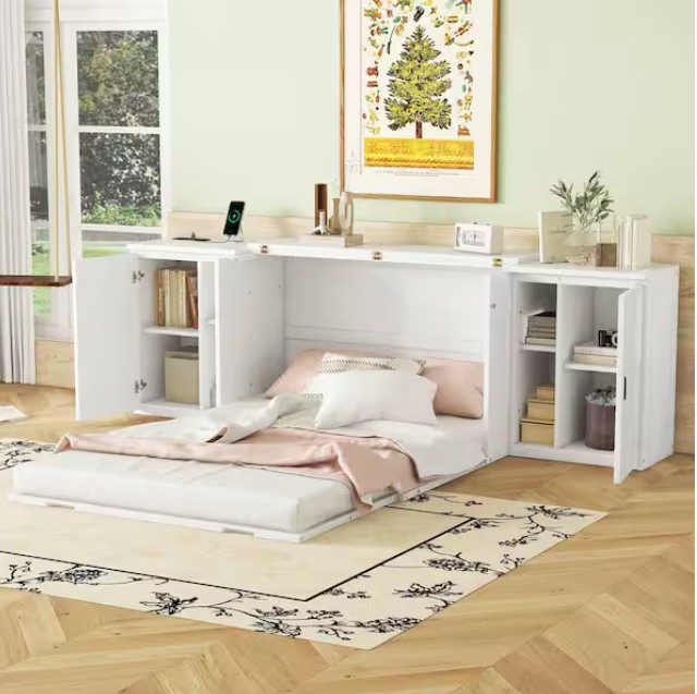 White Wood Frame Full Murphy Bed with Shelves, Cabinets and USB Ports