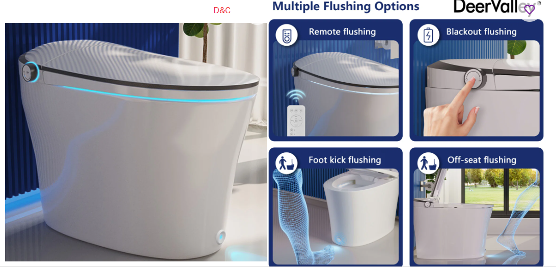 Smart Toilet with Quiet-Closed Heated Seat, Foot Kick/Off-seat/Blackout/Remote Flush, Bidet Elongated Toilet with Tankless, Gentle Night light, Remote Control, Advanced DV-1S0019