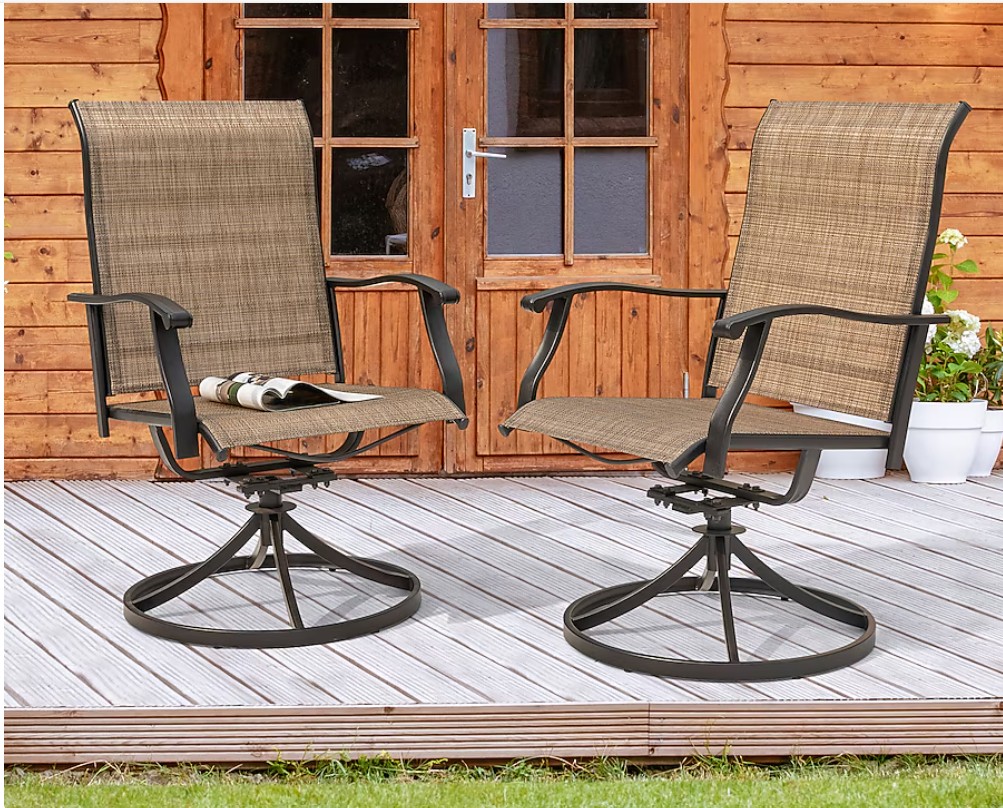 Nuu Garden Outdoor 2-Piece Swivel Chair Set Set of 2 Black Iron Frame Swivel Dining Chair with Brown Solid Seat
