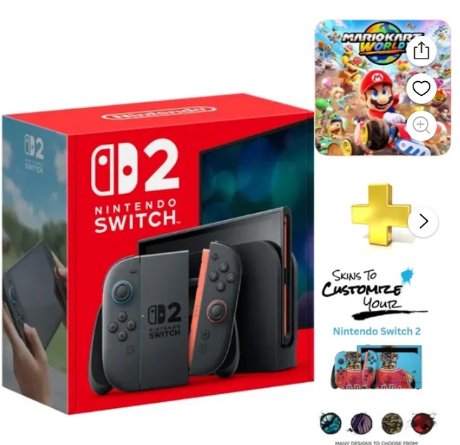 Nintendo Switch 2 Console + Mario Kart World Game Bundle with Mightyskins Custom Skin Voucher