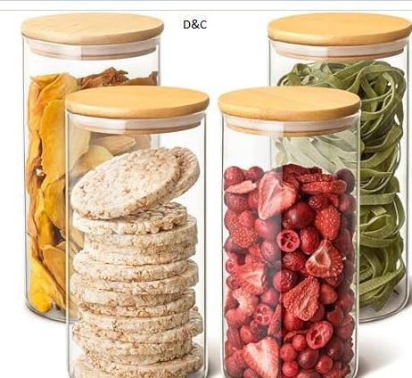 Glass Food Storage Jars 40oz Airtight Lid – Set of 4 Storage Container with Bamboo Lid – Clear Borosilicate Glass – Dishwasher Safe – Pantry Storage Containers