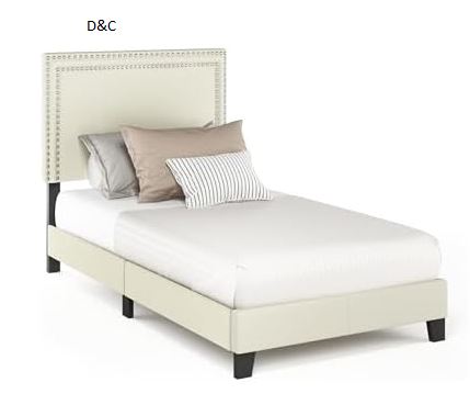 Furinno Laval Double Row Nail Head 12PC Slat Style Bed Frame, Twin, Linen