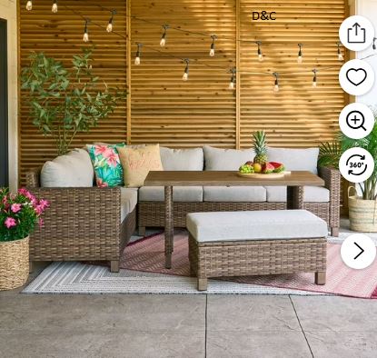 Better Homes & Gardens Brookbury 4 Piece Outdoor Wicker Patio Sectional Dining Set, Gray Cushions