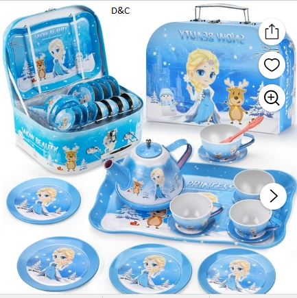 Amplov Frozen Princess Tea Party Set – 19-Piece Pretend Play Toy with Tin Tea Set, Desserts & Carrying Case – Birthday Gift for Toddlers 3-5