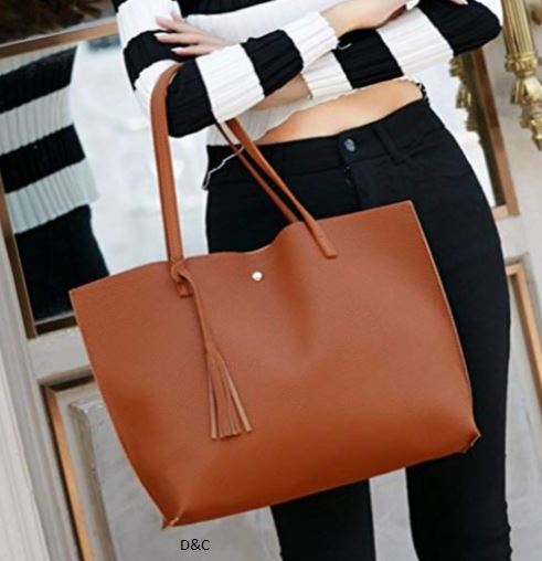 Women’s Faux Leather Tote Handbag with Tassel