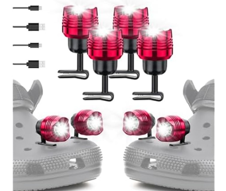 4 Pcs Rechargeable Headlights Compatible with Clog, Headlights for Crock, Adjustable Light for Shoes, Flashlights Accessories for Kids, Adults Sandals, Clip on Clog, For crocs accessories (Red)