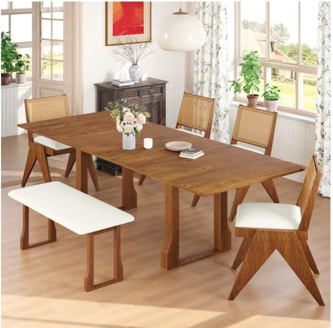 Walnut 6-Piece Wood Top Extendable Dining Set with 2 11.8 in. Removable Leaves, 4-Dining Chairs and 1 Bench