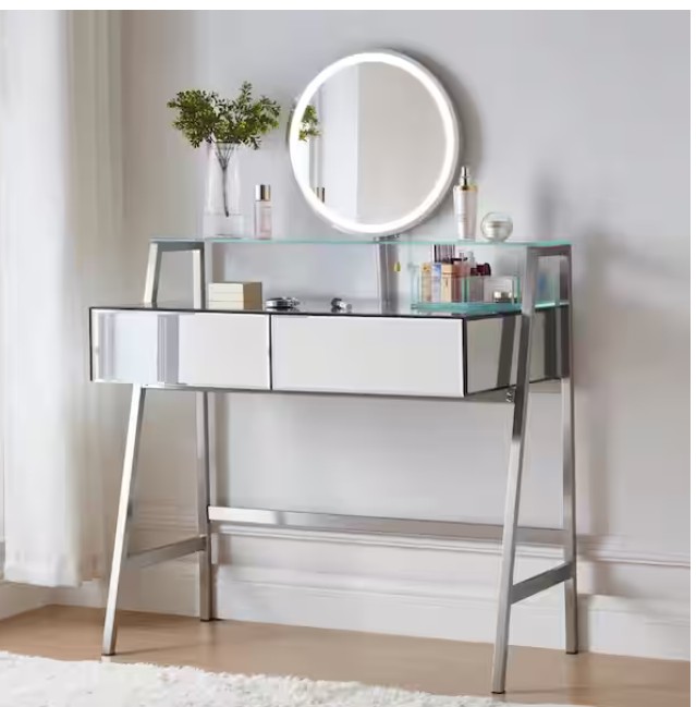 Modern 33.9 in. Silver Makeup Vanity Table with Mirror and Lights, 2 Drawers, Shelves, Built-in Charging Station