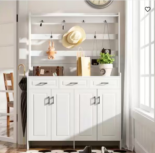 78.7″H x 51.2″W White 4-Door Shoe Storage Cabinet with Coat Racks, 3 Drawers, 8 Shelves, Metal Hooks and Handles