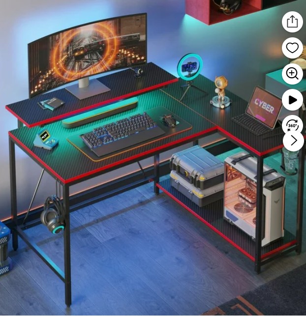 Pinmoco 42″ Reversible L-Shaped Gaming Desk with Monitor Stand, LED Lights& Headset Hooks, Home Office, Carbon Fiber Black