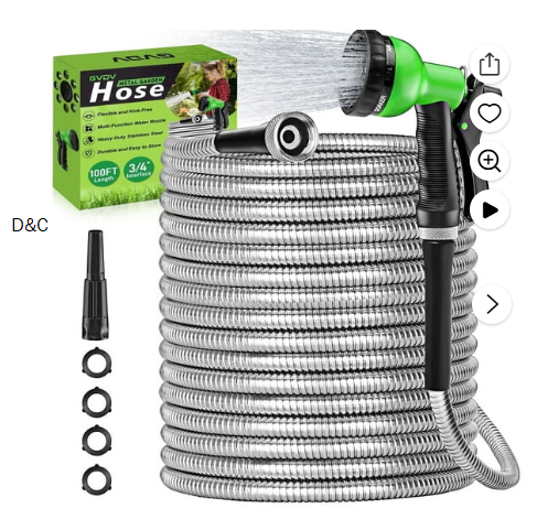 GVDV Garden Hose, 3/4 inch x 100ft Metal Water Hose with Spray Nozzle, Leak Proof, Tangle Free, 550PSI