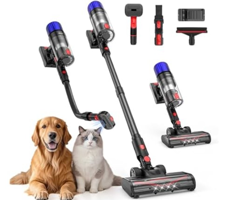 Teendow Cordless Vacuum Cleaner, 500W Stick Vac Specifically Handling Pet Hair Design, Up to 50 Minutes, Powerful Suction, Rechargeable, Lightweight for Carpet, Hard Floor, Black