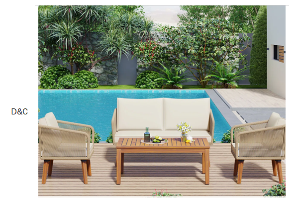 4-Piece Woven Rope Patio Conversation Set with Solid Wood Loveseat, 2 Chairs and Table -Choose Color