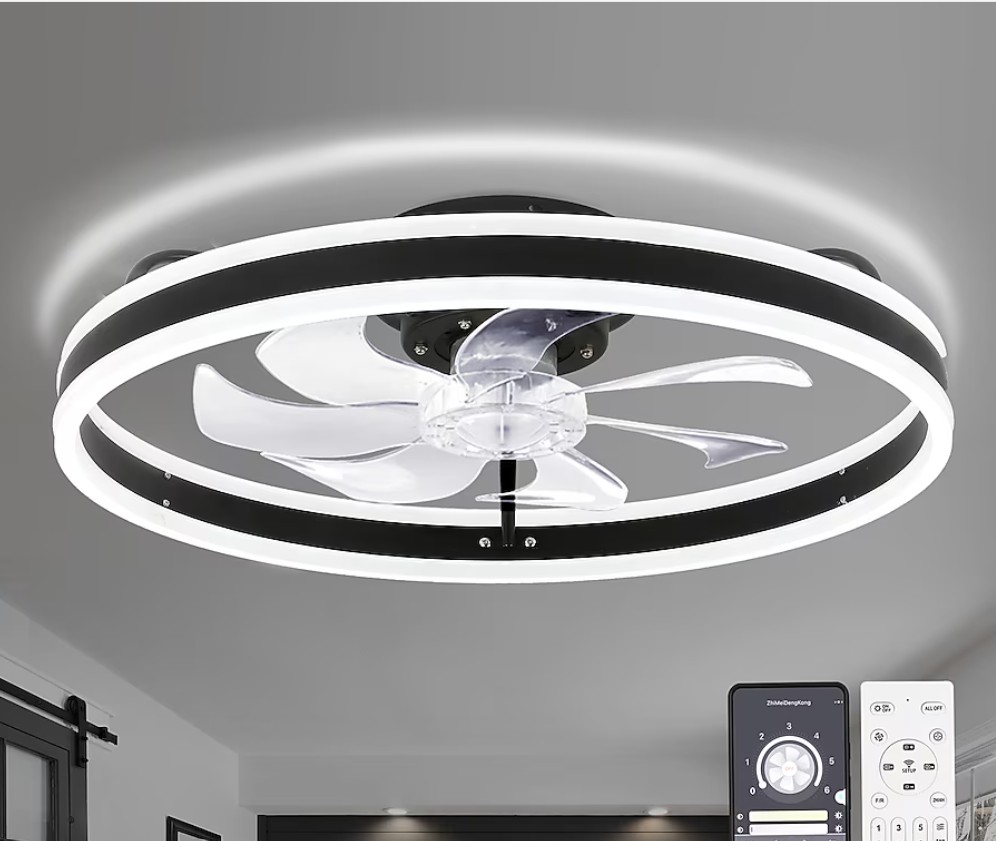 Oaks Decor Cotti 20-in Integrated LED Flush Mount Smart Matte Black with Clear Blades Fandelier Ceiling Fan With Light – Remote Included ( 7 -Blade )