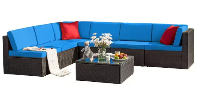 7-Pieces PE Rattan Wicker Patio Furniture Sectional Set Outdoor Lawn Conversation Sets with Beige Cushion